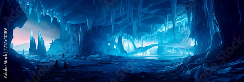 ice caverns adorned with intricate patterns, lit by the soft glow of bioluminescent ice crystals. photo