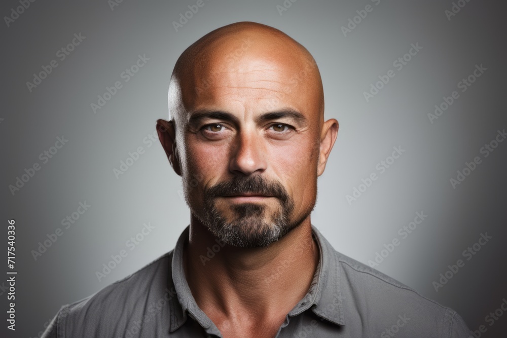 Portrait of a bald man with a beard and mustache in a grey shirt Portrait of a bald man with a beard and mustache in a grey shirt