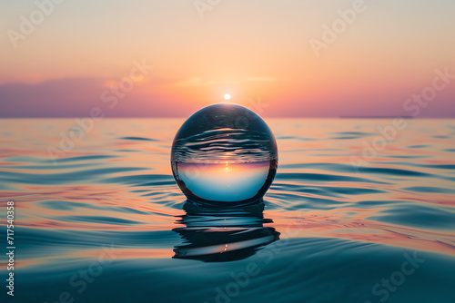 transparent ball on the sea at sunset, AI generated