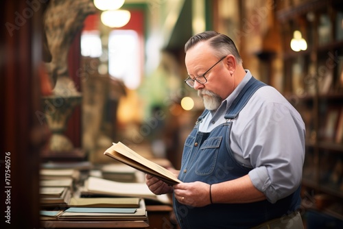 antiquarian in booklined shop examining a tome photo