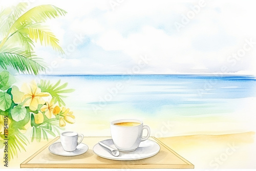 Relaxing breakfast by the beach Hot coffee and a tropical view , cartoon drawing, water color style
