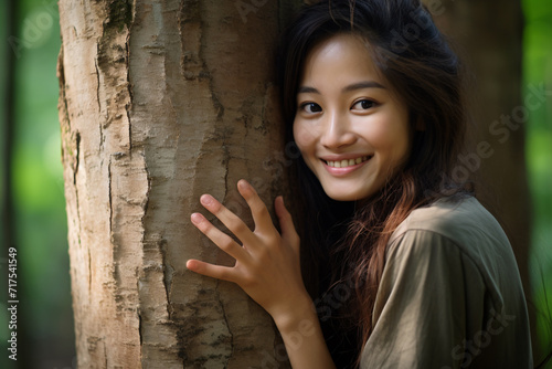 Smiling Asian woman hugging tree