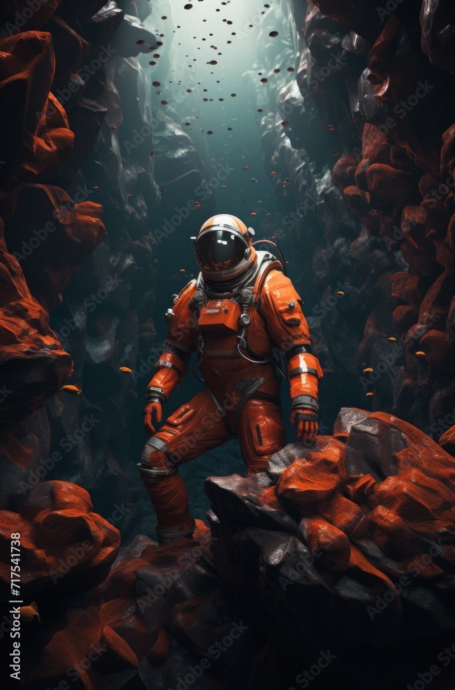 Astronaut diving digital art. a scuba diving underwater with a man inside a suit