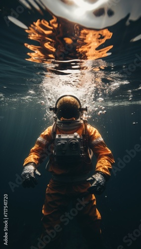 Astronaut diving digital art. a scuba diving underwater with a man inside a suit.