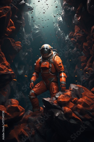 Astronaut diving digital art. a scuba diving underwater with a man inside a suit