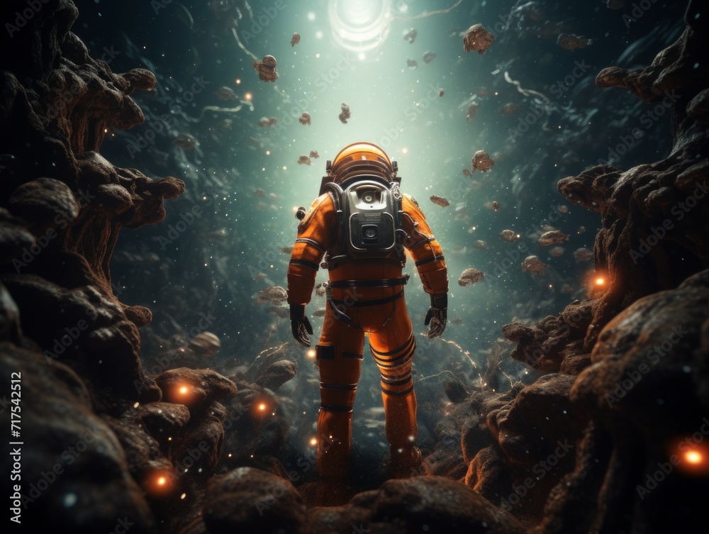 Astronaut diving digital art. a scuba diving underwater with a man inside a suit. Astronaut diving digital art. a scuba diving underwater with a man inside a suit.