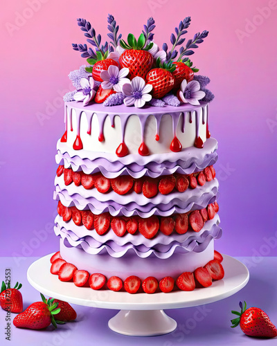 Photorealistic Pop Art Lavender Cake with Lush Floral Decorations and Vibrant Strawberry Red Gen AI photo