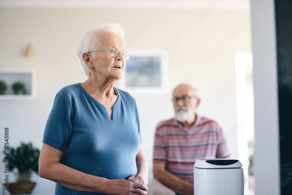 Obraz premium elderly user learning to use a smart speaker