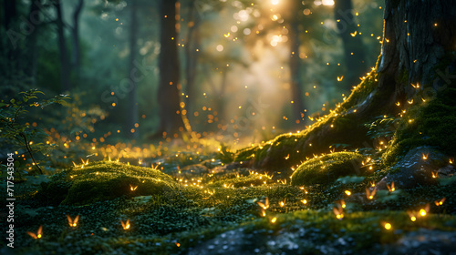 A mossy forest glade bathed in the soft glow of moonlight, where fireflies dance and create a magical, luminescent spectacle. photo