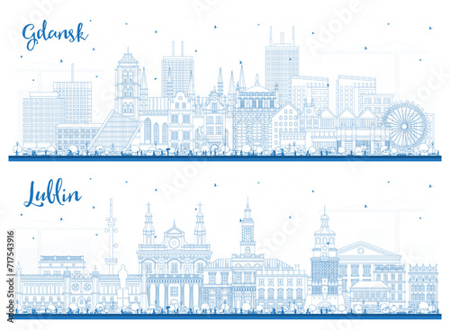 Outline Lublin and Gdansk Poland city skyline set with blue buildings. Cityscape with landmarks.