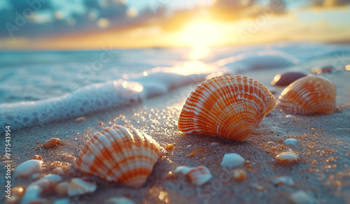 Shells on the beach at sunset. Generative AI