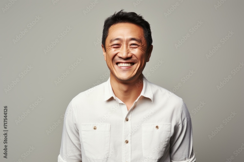 Portrait of a happy asian man laughing against grey background. Portrait of a happy asian man laughing against grey background.