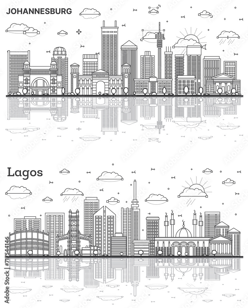 Outline Lagos Nigeria and Johannesburg South Africa City Skyline set with Modern Buildings and Reflections Isolated on White.