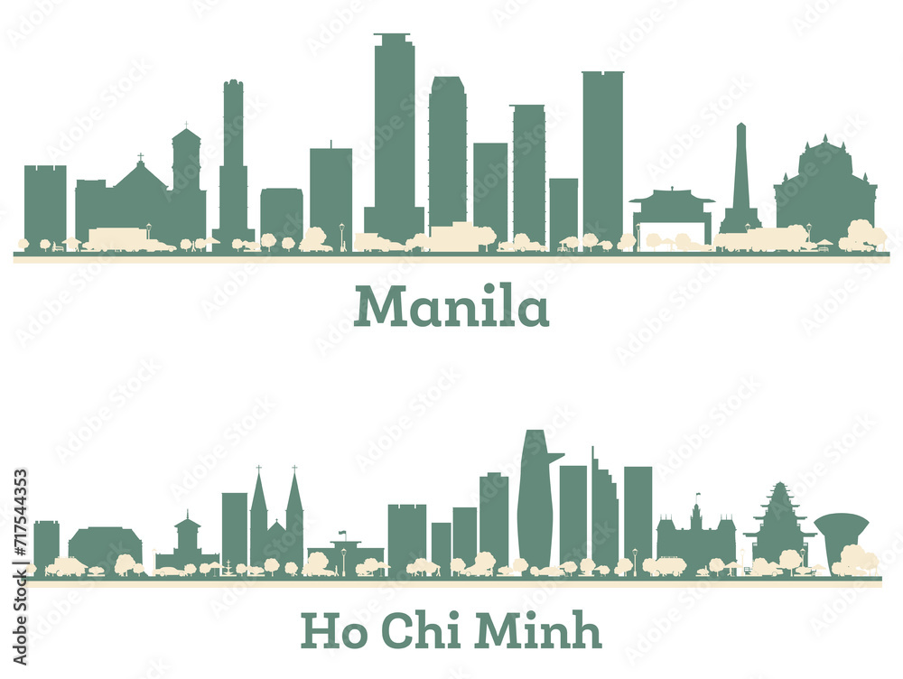 Abstract Ho Chi Minh Vietnam and Manila Philippines City Skyline set with Color Buildings. Illustration. Business Travel and Tourism Concept with Modern Architecture.