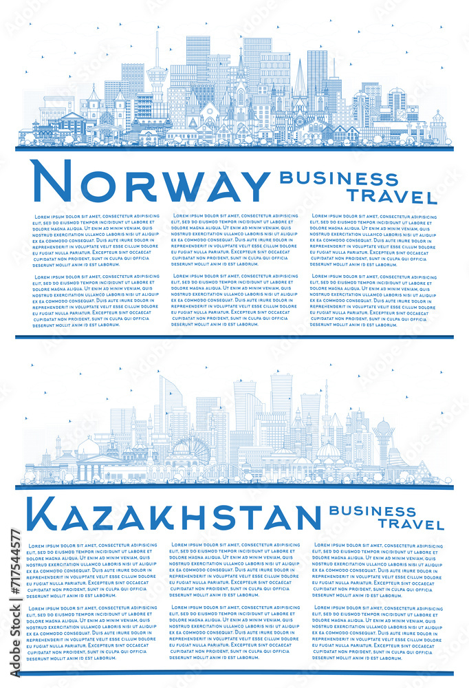 Outline Kazakhstan and Norway city skyline set with blue buildings and copy space. Illustration. Concept with historic and modern architecture. Cityscape with landmarks. Oslo. Stavanger. Trondheim. Outline Kazakhstan and Norway city skyline set with blue buildings and copy space. Illustration. Concept with historic and modern architecture. Cityscape with landmarks. Oslo. Stavanger. Trondheim.