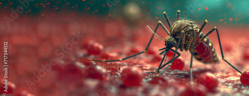 Malaria. Infected Culex Mosquito on Red Background, Leishmaniasis, Encephalitis, Yellow Fever, Mayaro Disease, Malaria, Zika, EEEV, EEE, Dengue outbreak. Virus Infectious Mosquito Parasite Insect photo