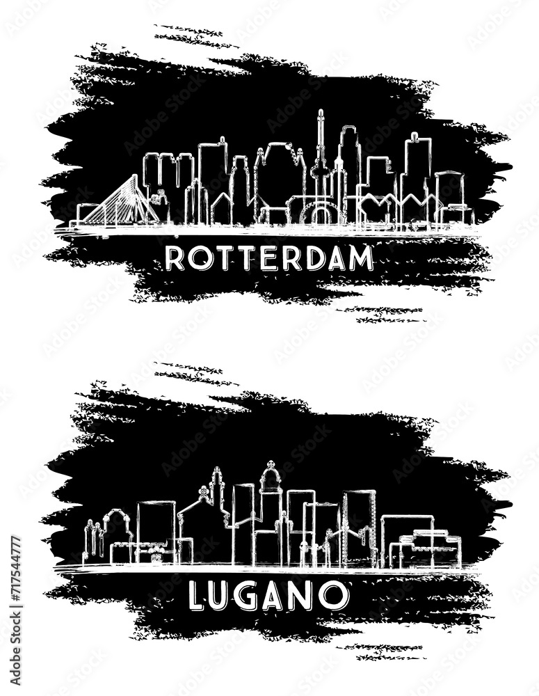 Lugano Switzerland and Rotterdam Netherlands City Skyline Silhouette set. Hand Drawn Sketch. Business Travel and Tourism Concept with Modern Architecture.