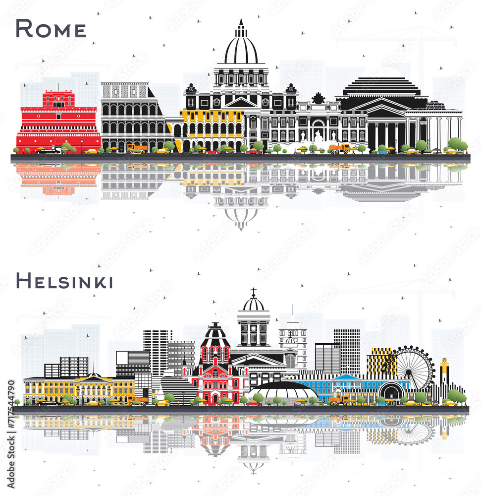 Helsinki Finland and Rome Italy city skyline set with color buildings and reflections isolated on white. Business travel concept with historic architecture. Cityscape with landmarks.