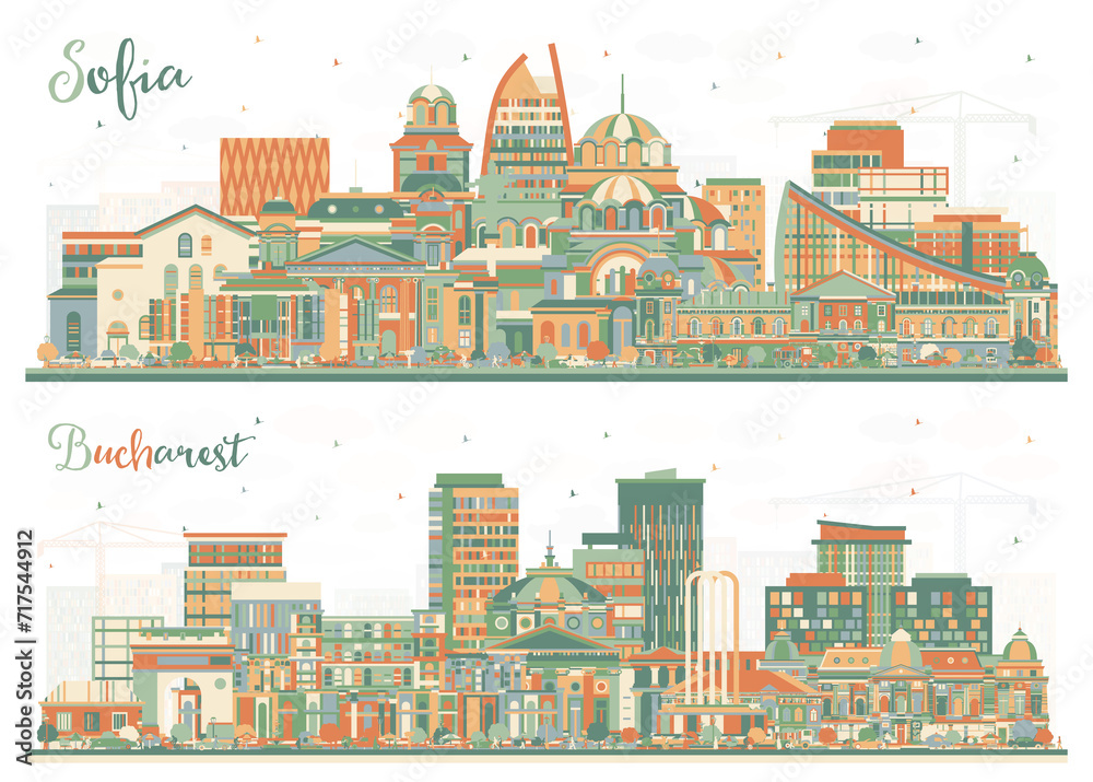 Bucharest Romania and Sofia Bulgaria City Skyline set with Color Buildings. Illustration. Cityscape with Landmarks.