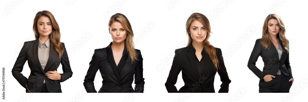 Set of businesswoman in a sharp outfit, isolated on a transparent background