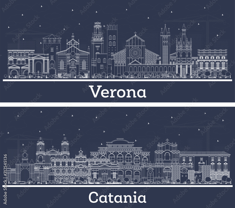 Outline Catania and Verona Italy city skyline set with white buildings. Illustration. Business travel and tourism concept with historic architecture. Cityscape with landmarks.