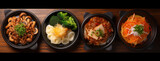 Top view of korean food with vegetables in black bowls on black background. Cooked asian ingredients on a wood serving platter. Generative AI.