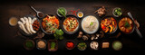 Top view of korean food with meat, seafood and vegetables in bowls on a table or wooden surface. Asian ingredients for cooking on dark background. Generative AI.