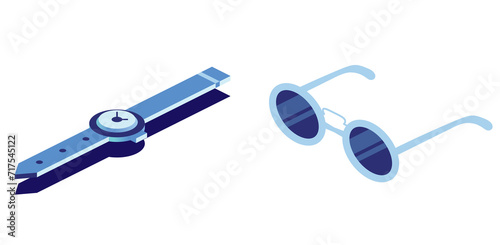 Isometric eyeglasses and wrist watches isolated on white. Icon with men's or women's watches. 3d object.