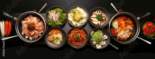 Top view of korean food with meat and vegetables in bowls and saucepans on black background. Asian ingredients for cooking on dark surface. Generative AI.