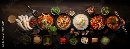 Top view of korean food with meat, seafood, sauces and vegetables in black bowls on table or wooden surface. Fresh and cooked asian ingredients presentation on dark background.  photo