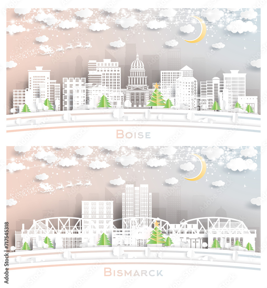 Bismarck North Dakota and Boise Idaho. Winter city skyline in paper cut style with snowflakes, moon and neon garland.