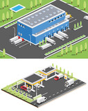 Isometric Distribution Logistic Center. Gas Station. Warehouse Storage Facilities with Trucks. Illustration. Loading Discharging Terminal. Trees and Green Grass. Fire Pond.