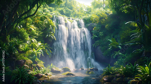A cascading waterfall hidden in a dense jungle  surrounded by lush foliage and the soothing sounds of nature s orchestra.