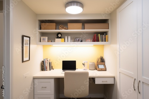 compact home office in a closet with led lights