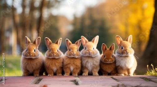 Group of cute, healthy, brown, fluffy, Easter rabbits Cute little rabbit on green garden nature background. © venusvi