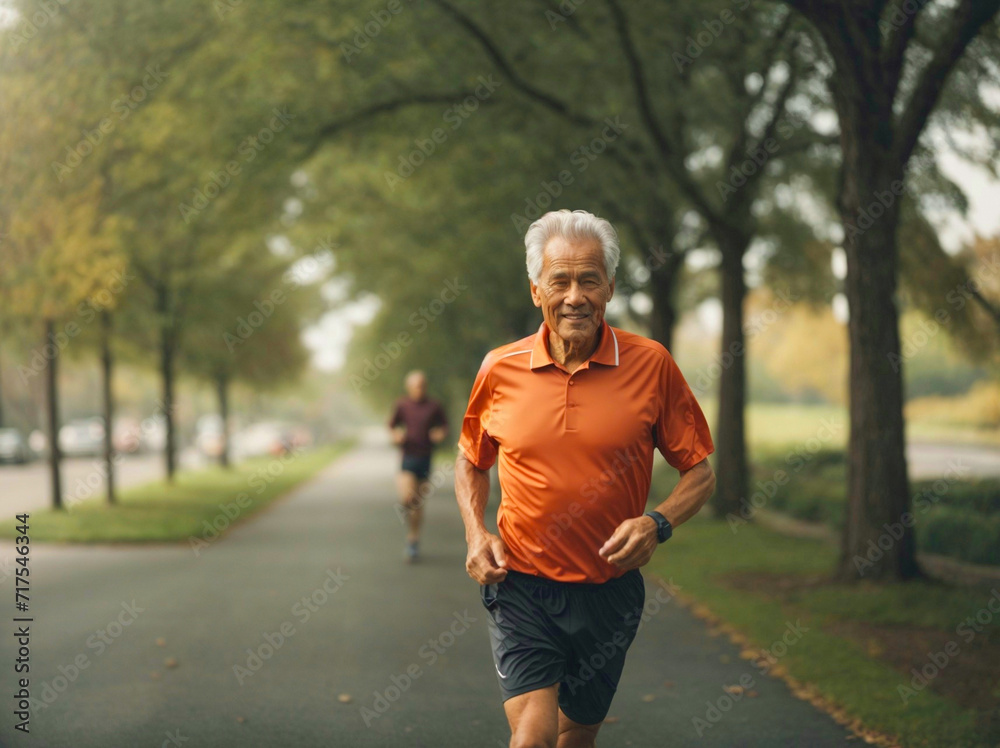 Obraz premium Senior man going for a run living a healthy lifestyle for longevity in park in morning