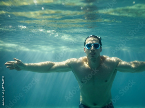 Male swimmer in goggles and swimming underwater in pool.