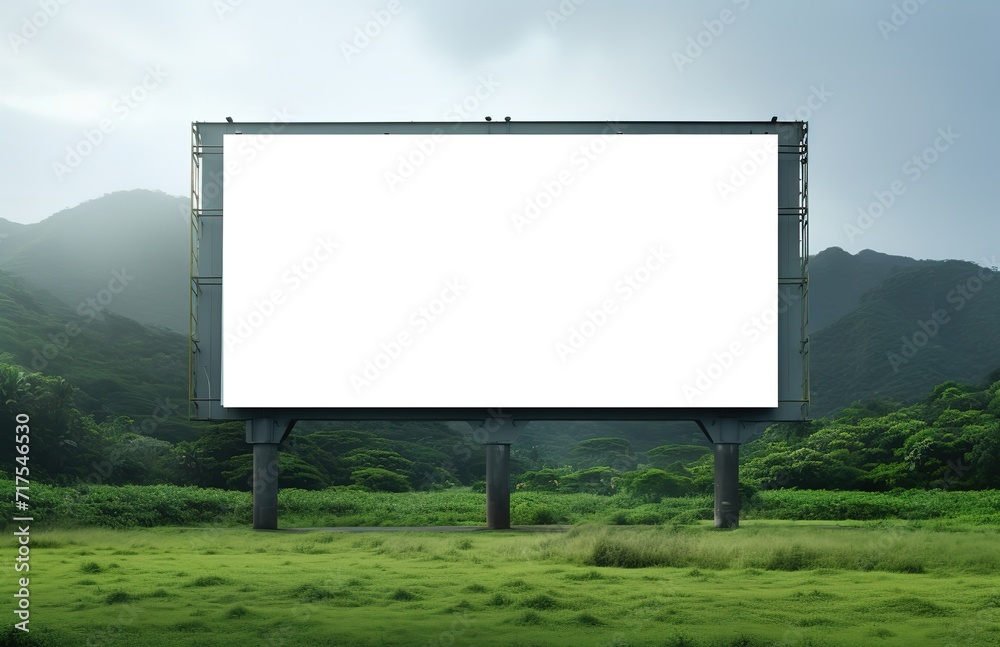 White Blank Billboard Board on a lawn with green grass. generative AI White Blank Billboard Board on a lawn with green grass. generative AI