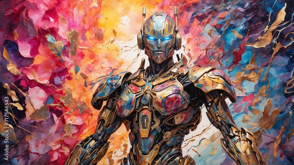 Fototapeta premium In a kaleidoscope of vibrant colors, a celestial robot rebellion unfolds in a mesmerizing watercolor painting. 