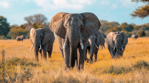 Herd of wild elephants walking Beautiful elephant in the savannah