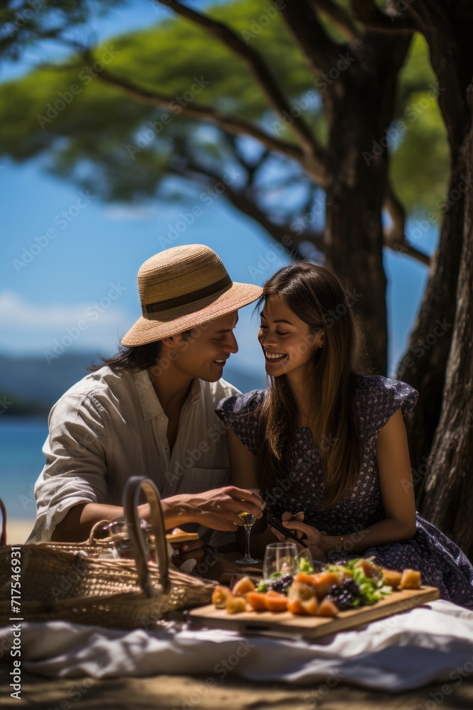 Couple enjoying a gourmet picnic on a private island in the Seychelles, Generative AI