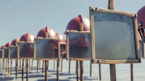 A line of helmets holding picket signs with slogans like Protect your noggin and Helmets save lives at a protest against unsafe practices in their imaginary world.