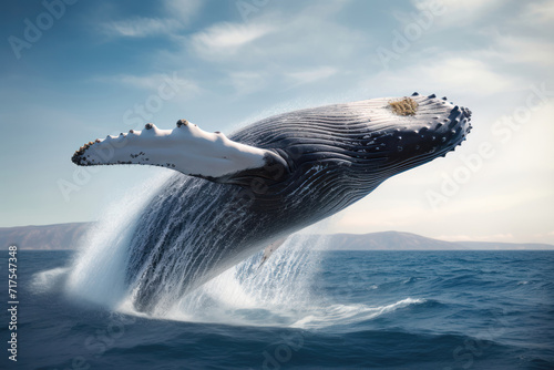 Humpback whale flying over the sea on a white background.