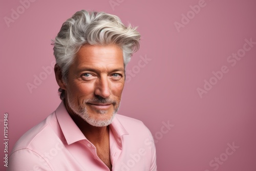 Handsome senior man with grey hair and a pink shirt.