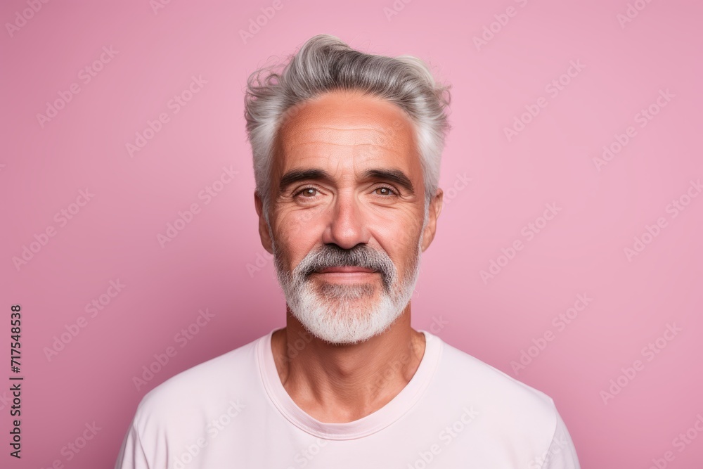 Portrait of a senior man with grey hair and beard on a pink background Portrait of a senior man with grey hair and beard on a pink background