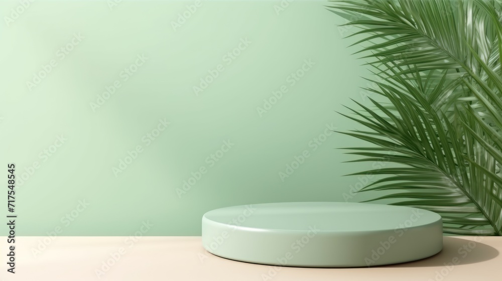 Minimal abstract background for presentations Premium pedestal with tropical palm leaf silhouettes on a pastel green wall. Minimal abstract background for presentations Premium pedestal with tropical palm leaf silhouettes on a pastel green wall.