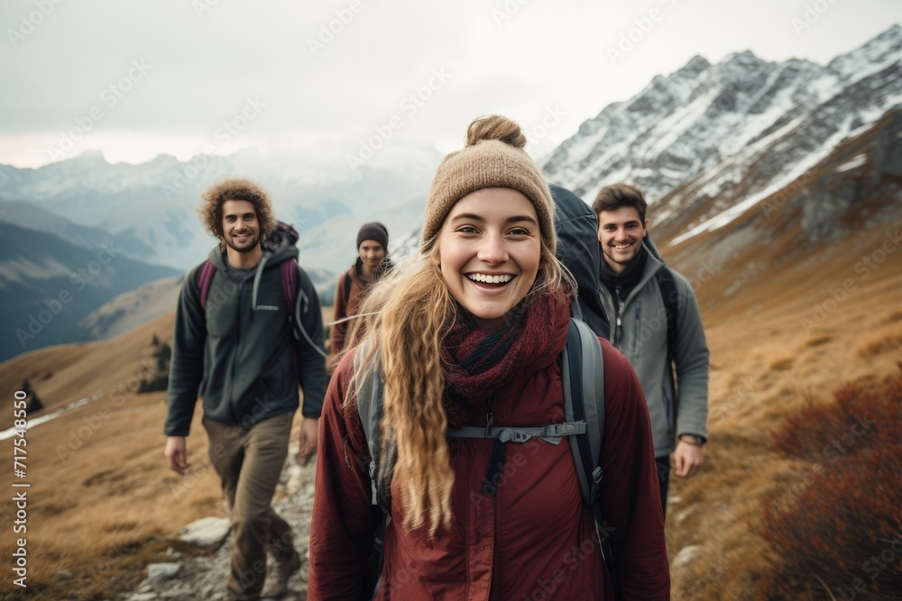 group of friends hiking in mountains, A group of friends hiking in the mountains in a day Ai generated