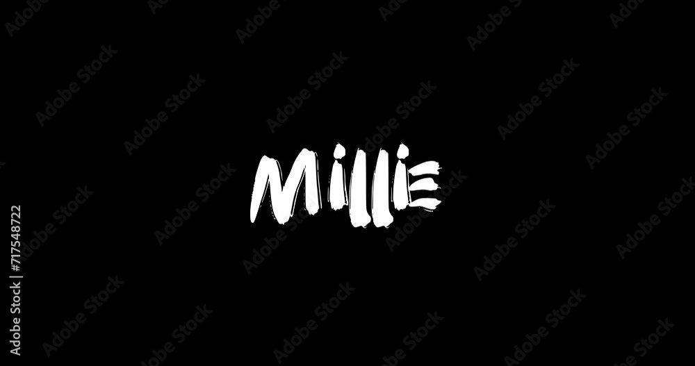 Millie Female Name in Digital Grunge Transition Effect of Bold Text Typography Animation on Black Background Millie Female Name in Digital Grunge Transition Effect of Bold Text Typography Animation on Black Background