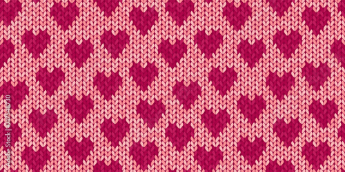 Heart jacquard seamless pattern with realistic knit texture. Modern knitted romantic print. Vector background for Valentine's Day or wedding.
