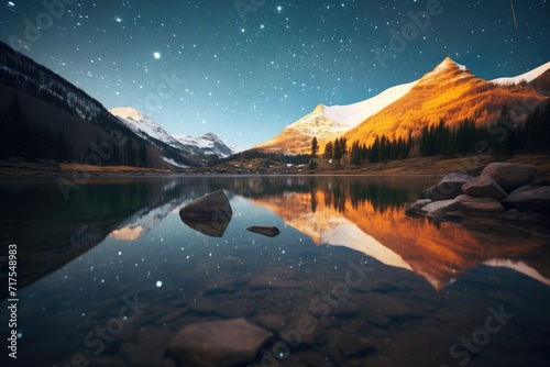 starry sky reflecting in tranquil mountain lake
